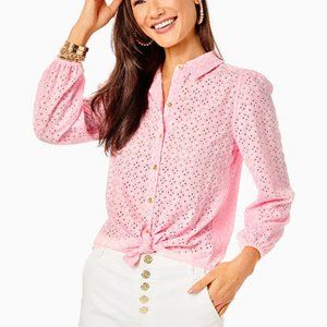 Lily Pulitzer Sea Breeze Eyelet Blouse Pink Ditsy Diamond Poly Eyelet